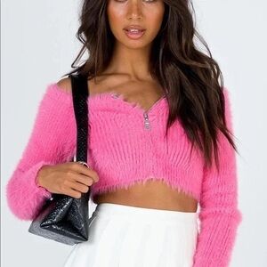 The Ragged Priest Hot Pink Fuzzy Cropped Cardigan